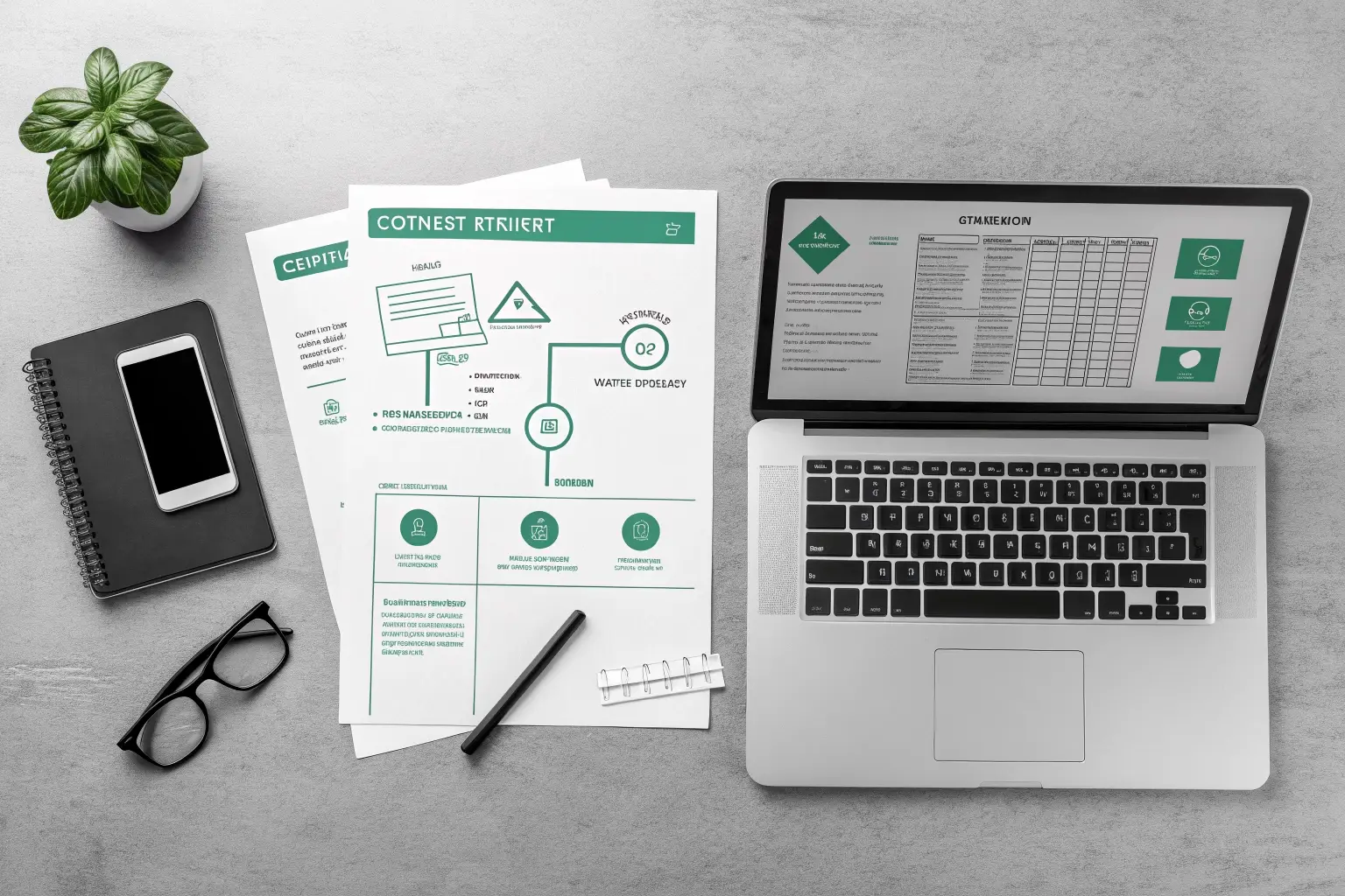 Strategy document and annotated content plan on a clean workspaces desk